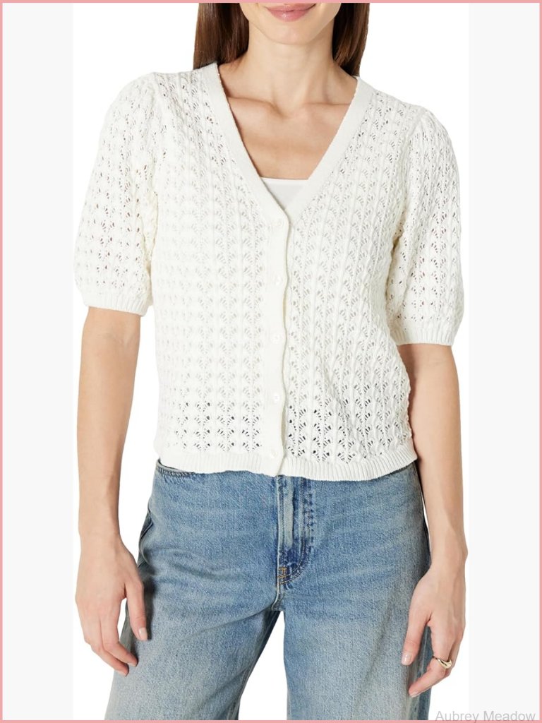 Relaxed-Fit Crochet Short-Sleeve Cardigan V-Neck Cotton